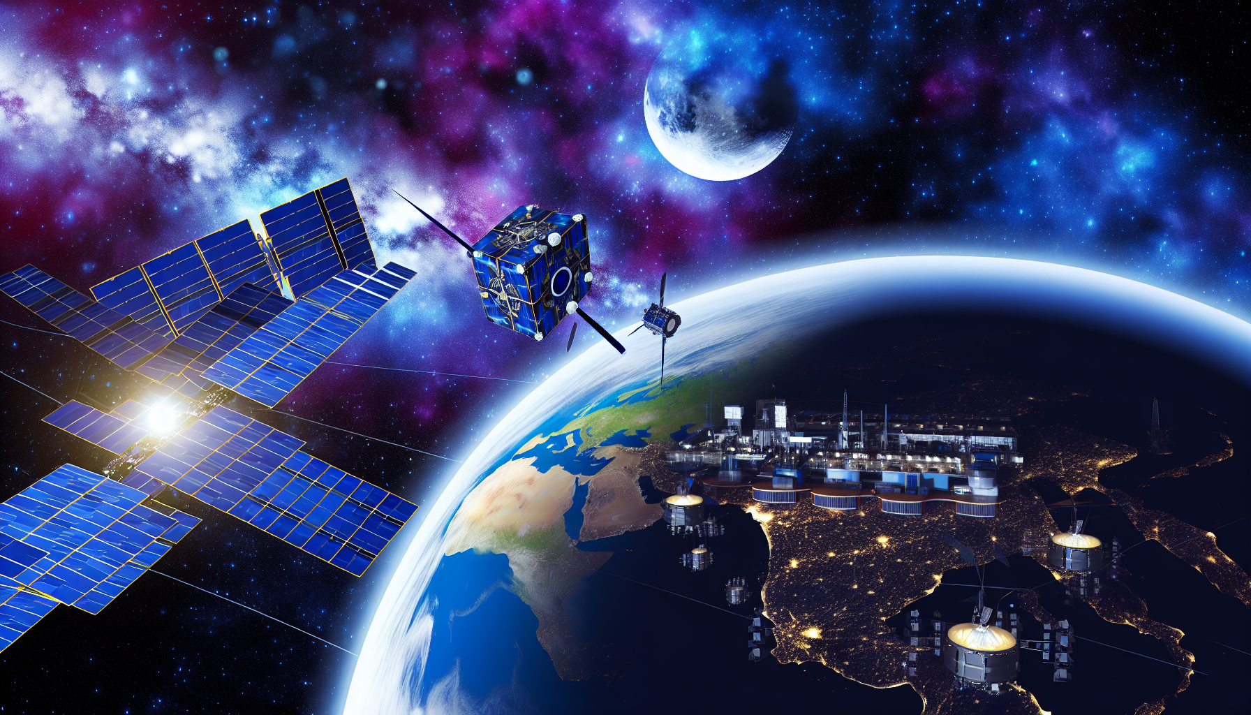 地球を周回する小型衛星と宇宙開発のイメージ